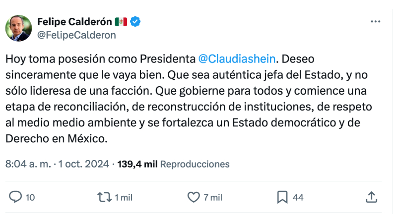 Felipe Calderón Hinojosa pide a Claudia Sheinbaum ser una «auténtica jefa de Estado»